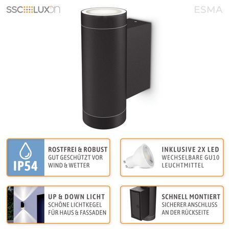 SSC-LUXon ESMO Wandlampe Up & Down – IP54, Dimmbar, GU10 Fassung, Schwarz, Inkl. 5W LED (neutralweiß)