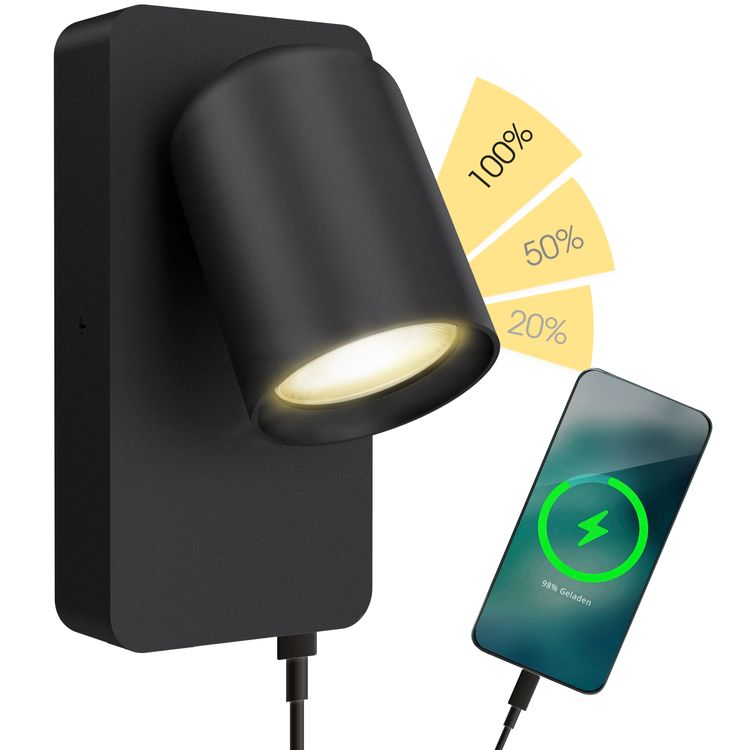 NERU Wandleuchte schwarz mit USB & Schalter inkl. fourSTEP LED GU10 5W  warmweiß