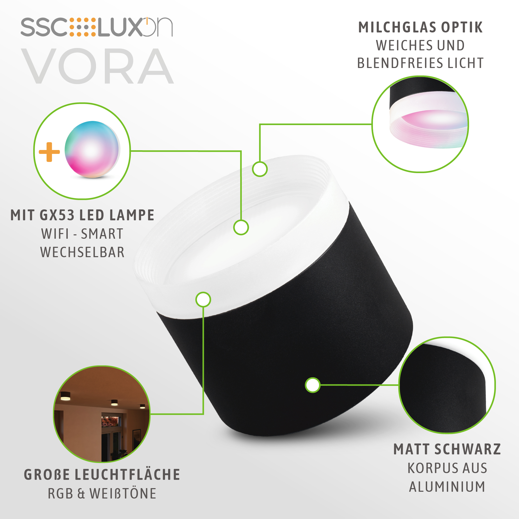 SSC-LUXon SAMU Decken-Aufbauspot Schwarz – GX53 LED, 3W, 3CCT Einstellbar (warm/neutral/kalt)
