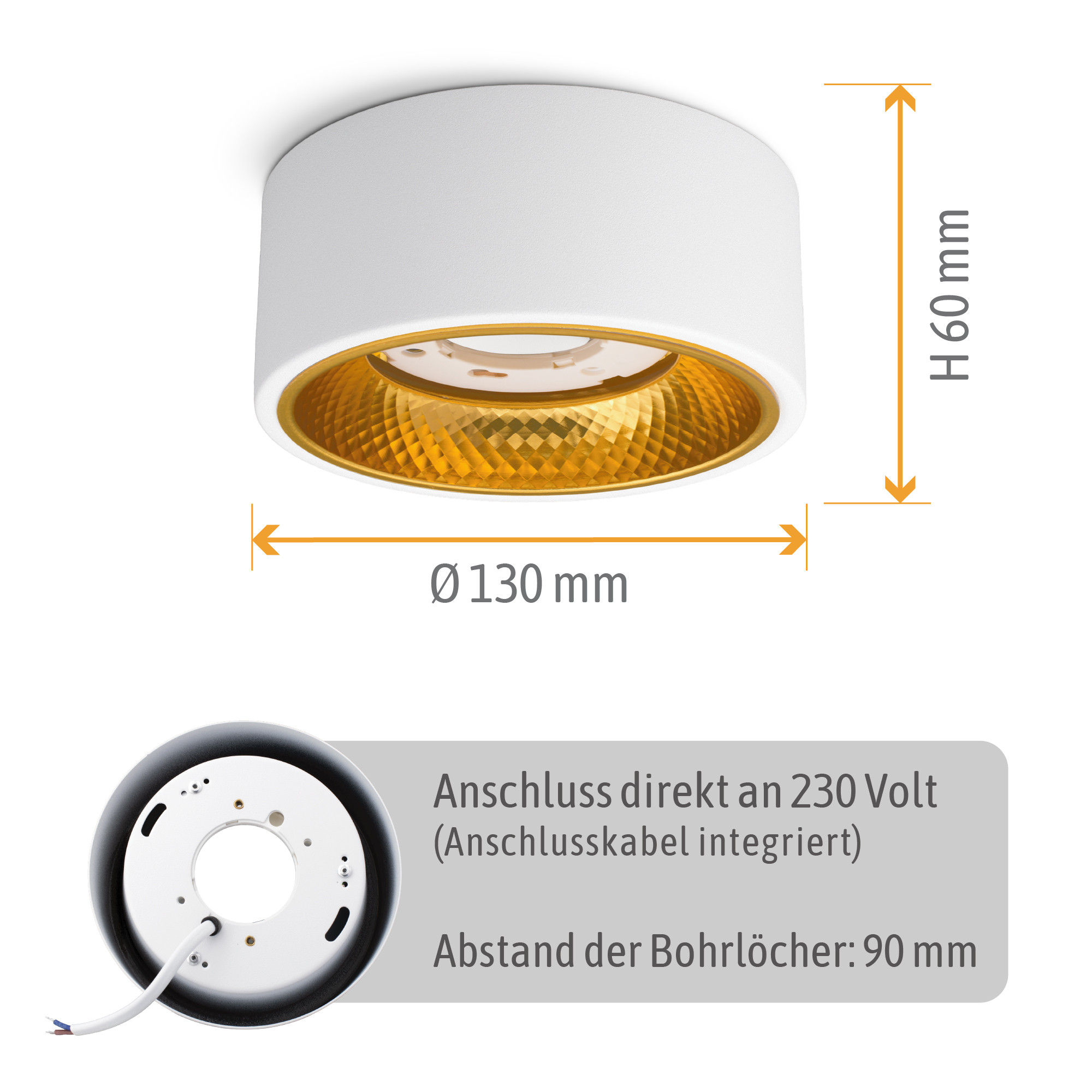 OLINO Deckenlampe Aufputz wechselbare / 230V GX53 gold LED Front silber 5W warmweiß